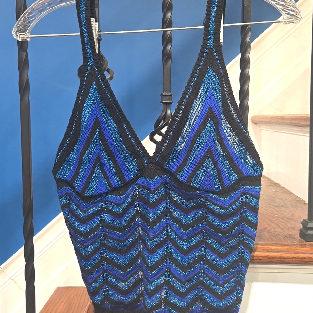 MNG L, black and blues, cotton, polyester blend top, NWT - Picture 1 of 9